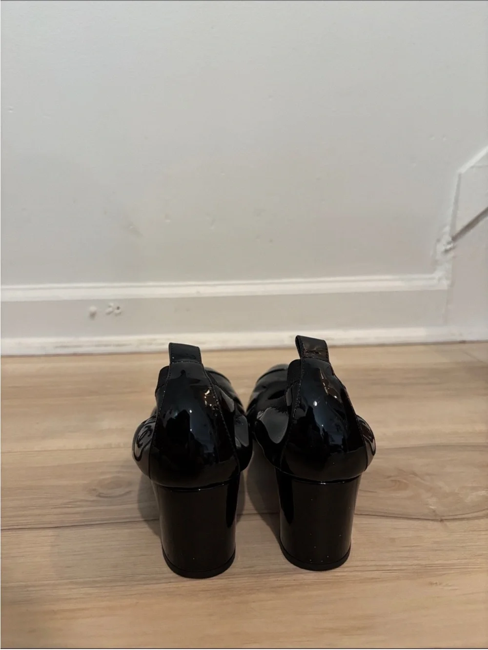 CHANEL Black Patent Leather Mid Block Heel Pumps